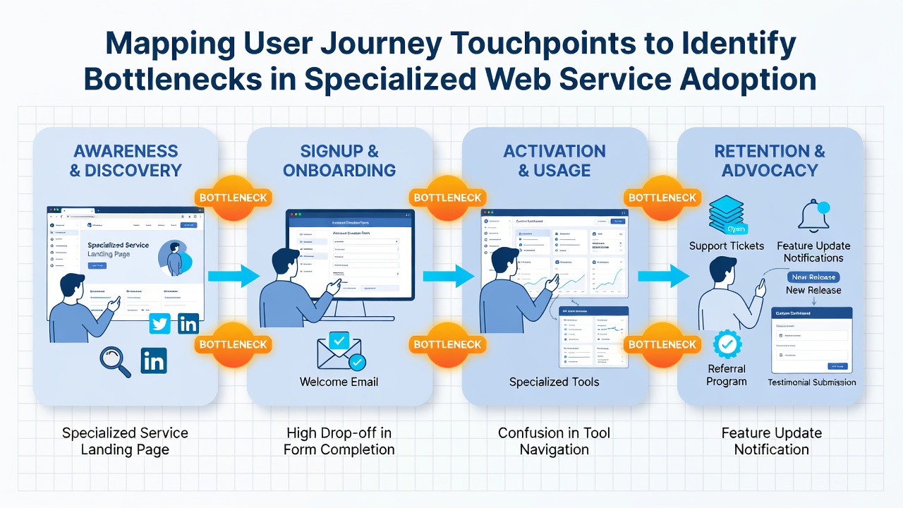 Analytics dashboard displaying touchpoint data and identified bottlenecks for web service users