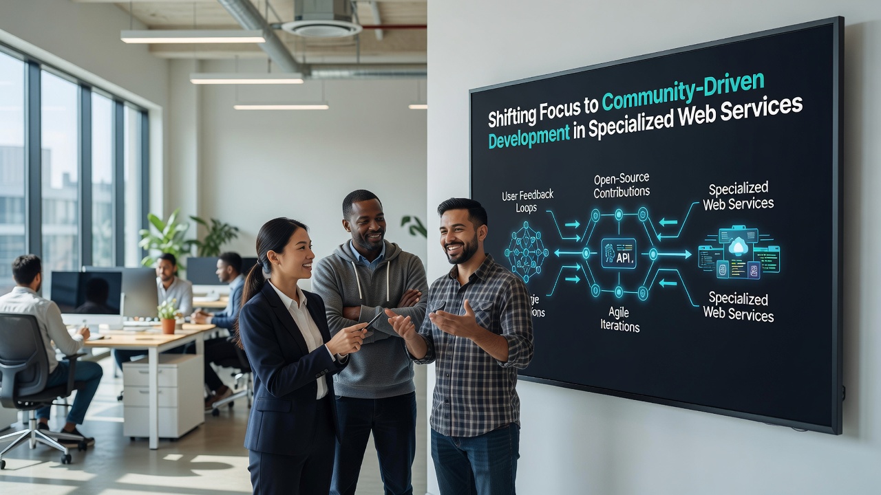 Distributed team reviewing code contributions for a niche web service application in a virtual meeting setup