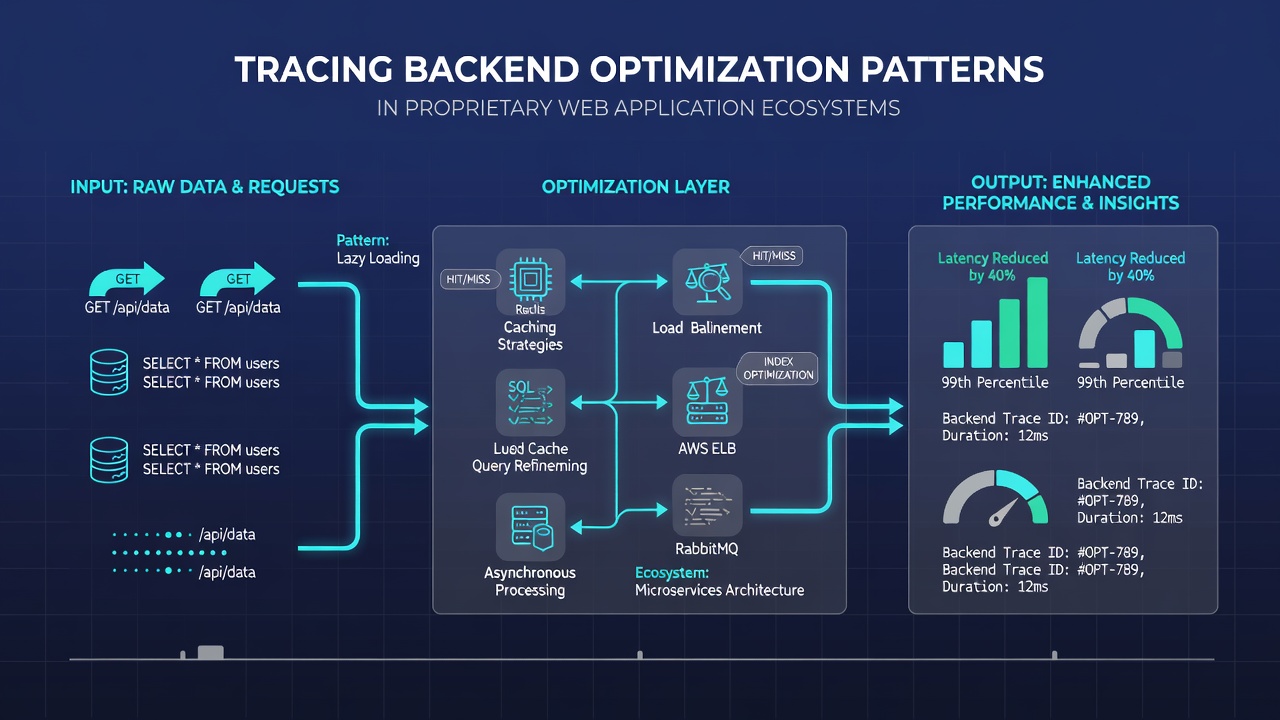 Visualization of optimization patterns showing traced request paths, cache hit rates, and backend latency reductions over time